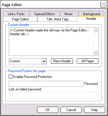 Page Editor Header tab