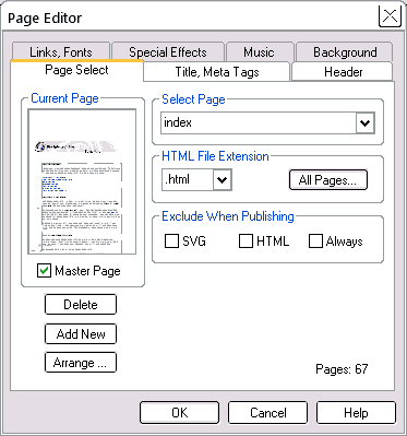Page Editor Page Select tab