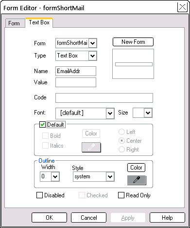 Form Editor Text Box tab