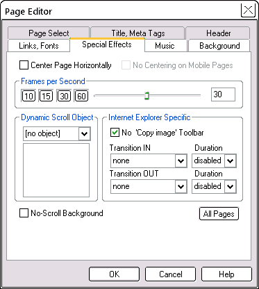 Page Editor Special Effects tab