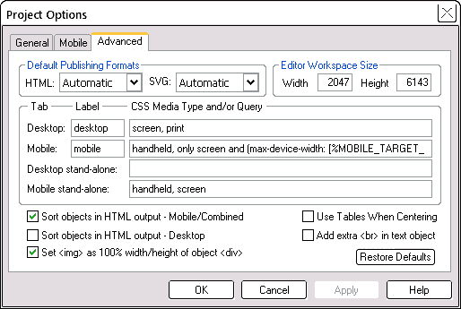 Project Options Advanced tab