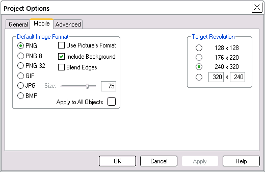 Project Options -- Mobile tab